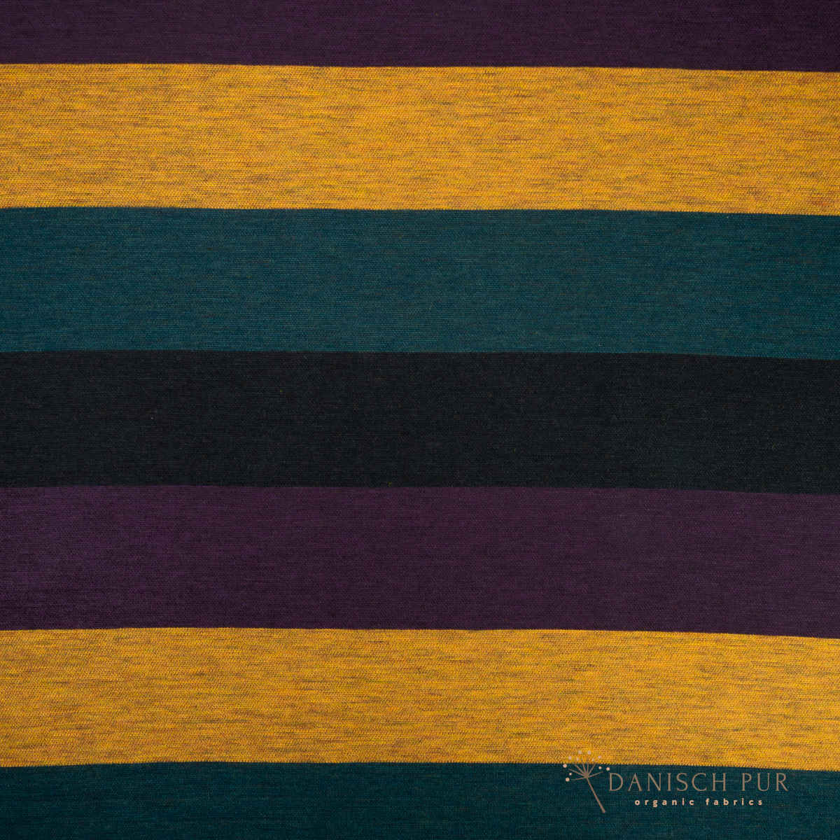 Coupon 100cm Bio Wolljersey Blockstreifen Jacquard Schwarz-Aubergine-Gold-Petrol meliert (100% Schurwolle, Merino, kbt, mulesingfrei)