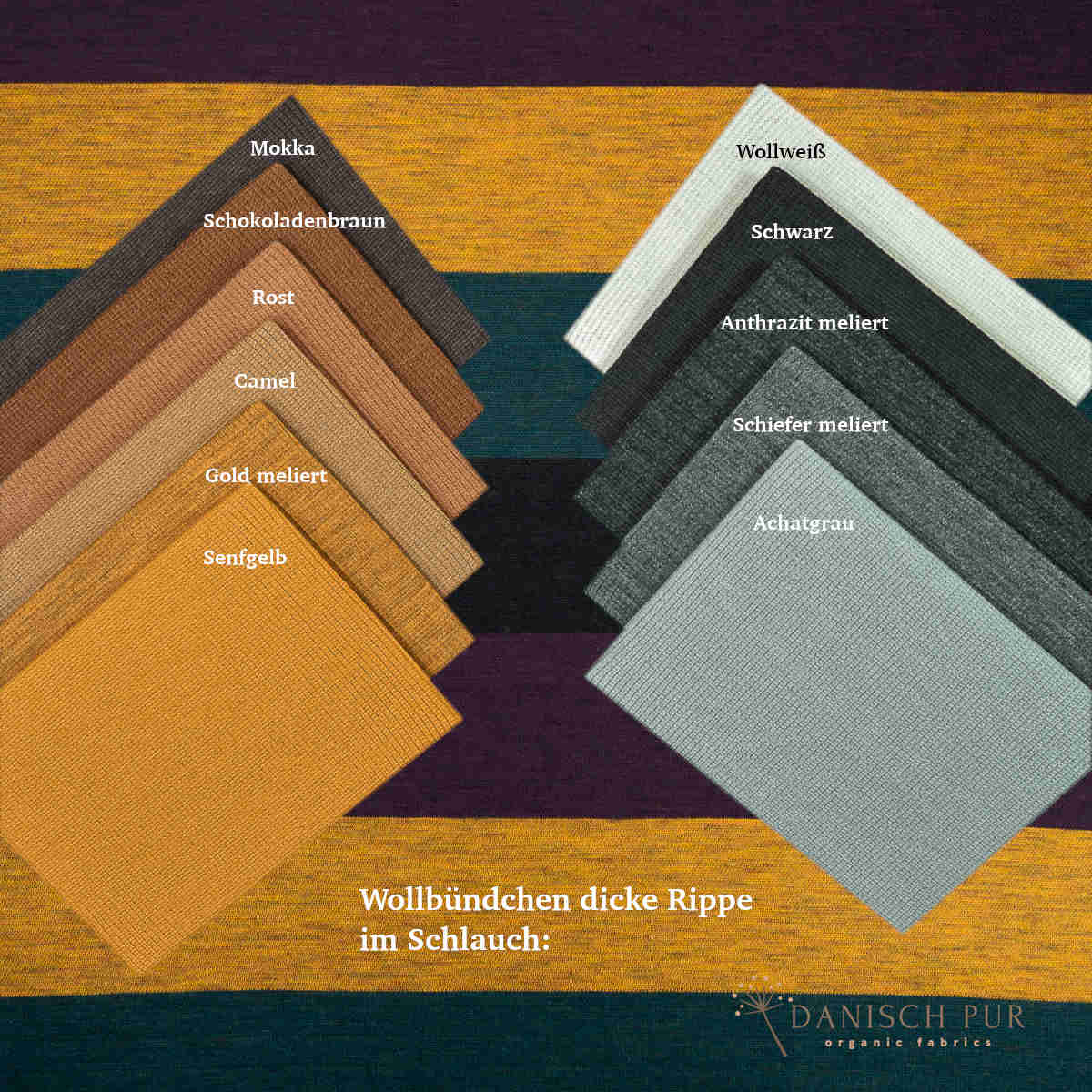 Coupon 100cm Bio Wolljersey Blockstreifen Jacquard Schwarz-Aubergine-Gold-Petrol meliert (100% Schurwolle, Merino, kbt, mulesingfrei)