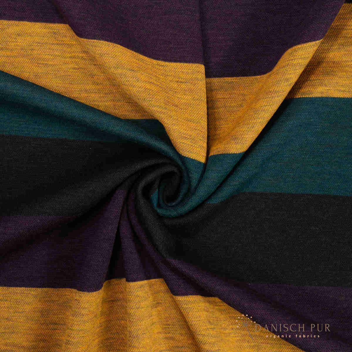 Coupon 100cm Bio Wolljersey Blockstreifen Jacquard Schwarz-Aubergine-Gold-Petrol meliert (100% Schurwolle, Merino, kbt, mulesingfrei)