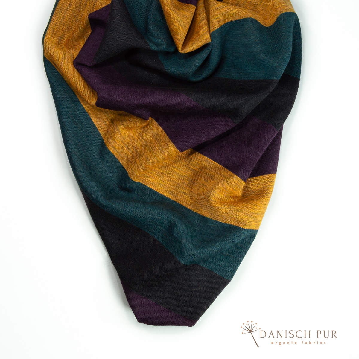 Coupon 100cm Bio Wolljersey Blockstreifen Jacquard Schwarz-Aubergine-Gold-Petrol meliert (100% Schurwolle, Merino, kbt, mulesingfrei)