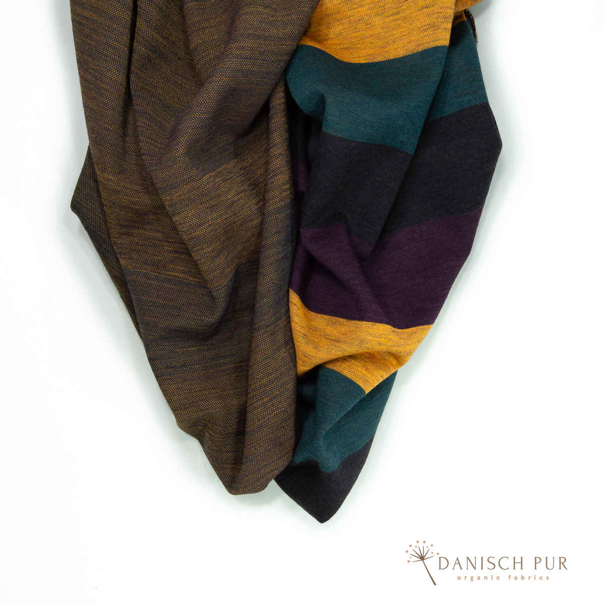 Coupon 100cm Bio Wolljersey Blockstreifen Jacquard Schwarz-Aubergine-Gold-Petrol meliert (100% Schurwolle, Merino, kbt, mulesingfrei)