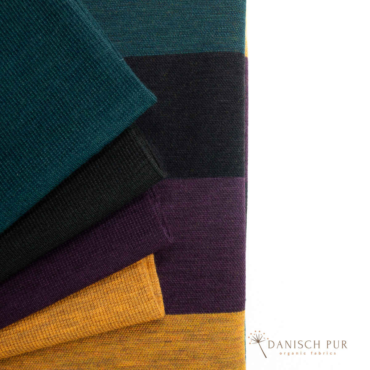 Coupon 100cm Bio Wolljersey Blockstreifen Jacquard Schwarz-Aubergine-Gold-Petrol meliert (100% Schurwolle, Merino, kbt, mulesingfrei)