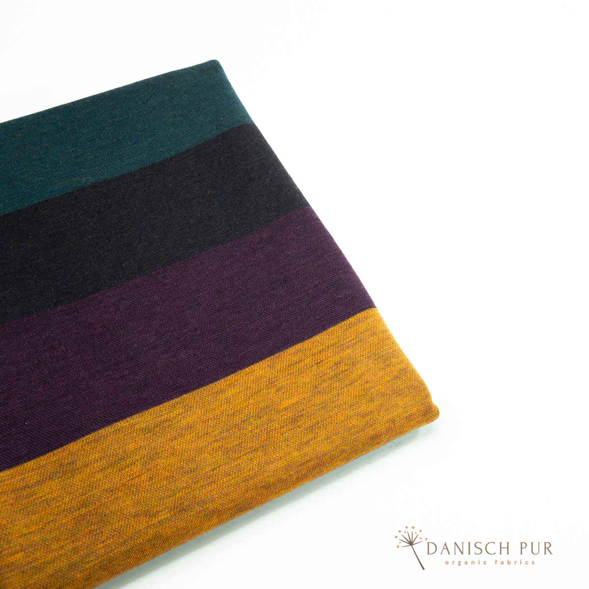 Coupon 100cm Bio Wolljersey Blockstreifen Jacquard Schwarz-Aubergine-Gold-Petrol meliert (100% Schurwolle, Merino, kbt, mulesingfrei)