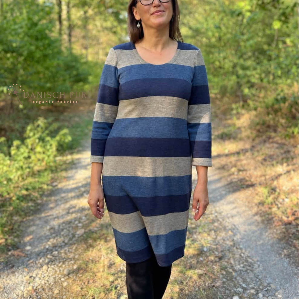 Bio Wolljersey Blockstreifen Jacquard Tiefsee-Lagoblau-Taupe meliert (100% Schurwolle, Merino, kbt, mulesingfrei)