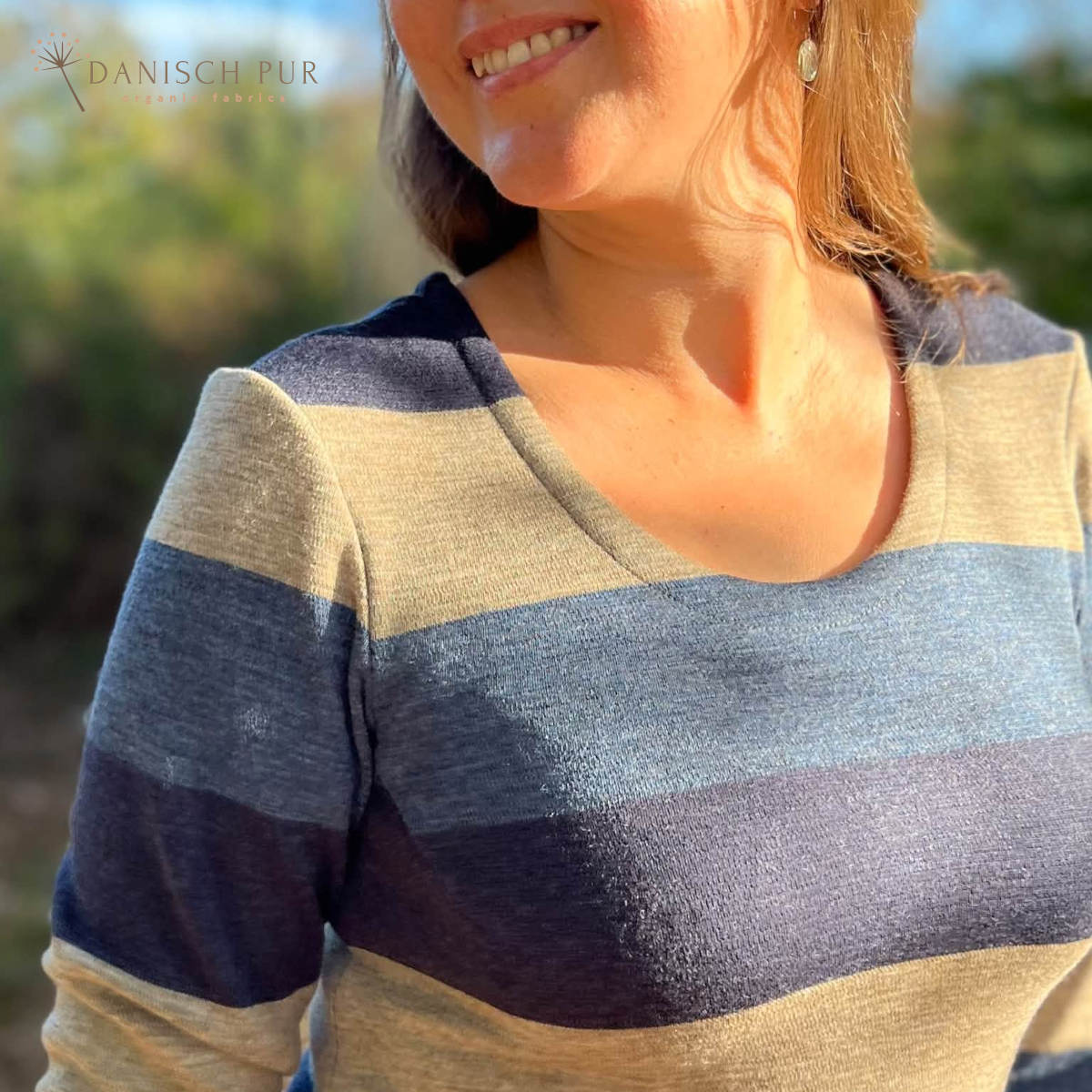 Bio Wolljersey Blockstreifen Jacquard Tiefsee-Lagoblau-Taupe meliert (100% Schurwolle, Merino, kbt, mulesingfrei)