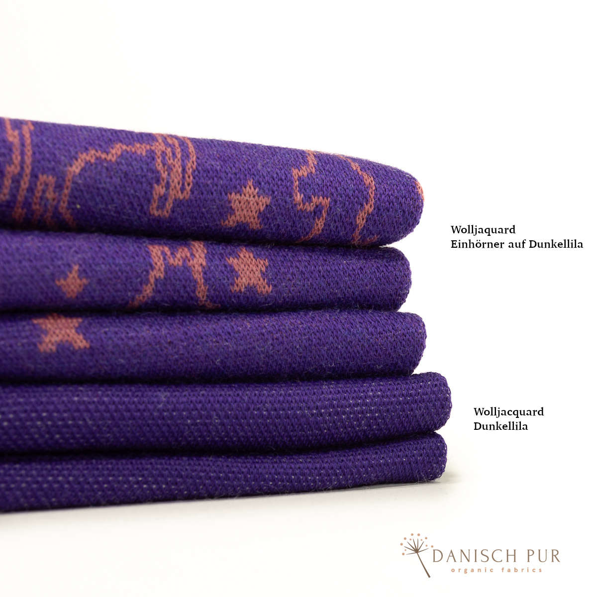 Musterstoff Bio Wolljersey Jacquard Einhörner auf Dunkellila meliert (Merino, kbt, mulesingfrei)