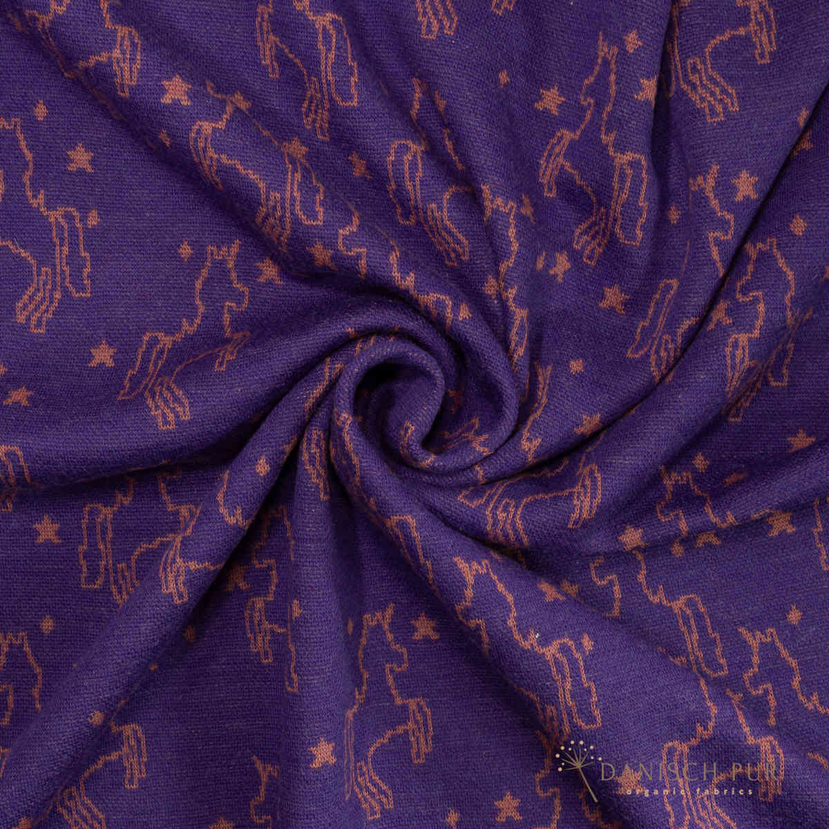 Musterstoff Bio Wolljersey Jacquard Einhörner auf Dunkellila meliert (Merino, kbt, mulesingfrei)