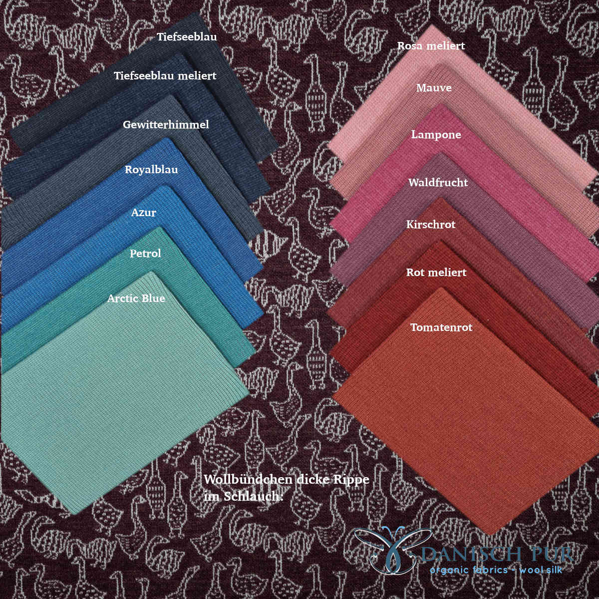 Bio Wolljersey Jacquard Gänse auf Schokokirsch meliert (Merino, kbt, mulesingfrei)
