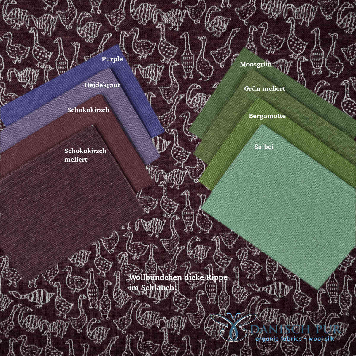 Bio Wolljersey Jacquard Gänse auf Schokokirsch meliert (Merino, kbt, mulesingfrei)