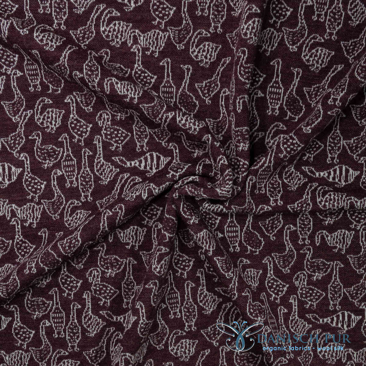 Bio Wolljersey Jacquard Gänse auf Schokokirsch meliert (Merino, kbt, mulesingfrei)
