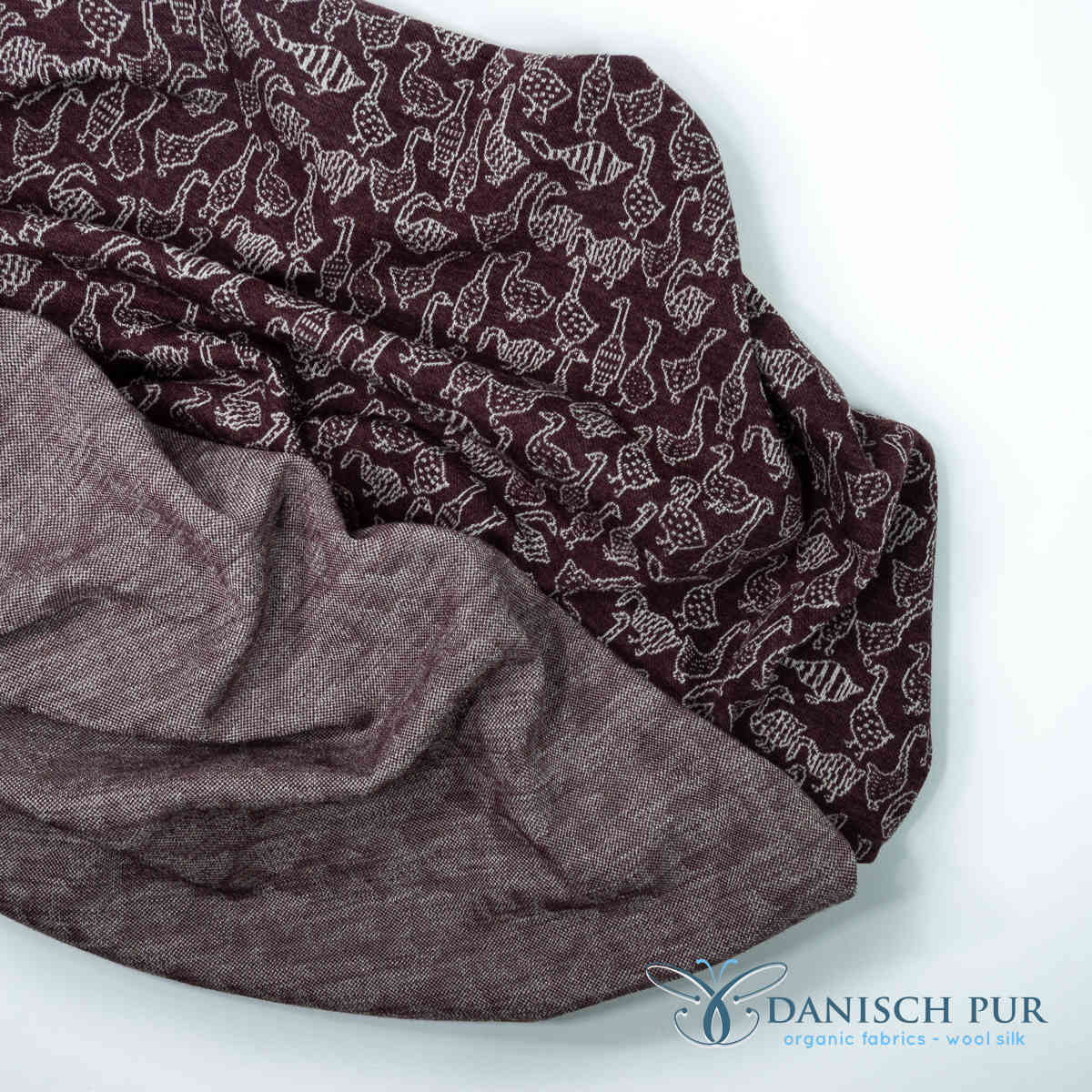 Bio Wolljersey Jacquard Gänse auf Schokokirsch meliert (Merino, kbt, mulesingfrei)