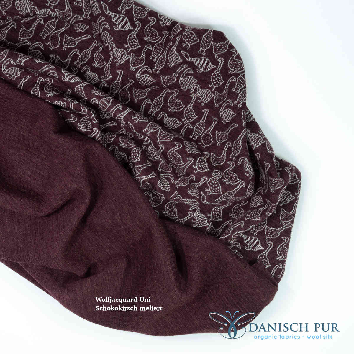 Bio Wolljersey Jacquard Gänse auf Schokokirsch meliert (Merino, kbt, mulesingfrei)