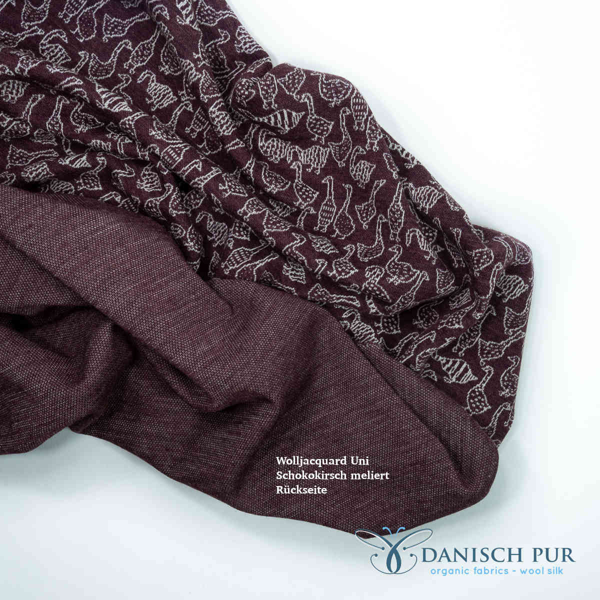 Bio Wolljersey Jacquard Gänse auf Schokokirsch meliert (Merino, kbt, mulesingfrei)