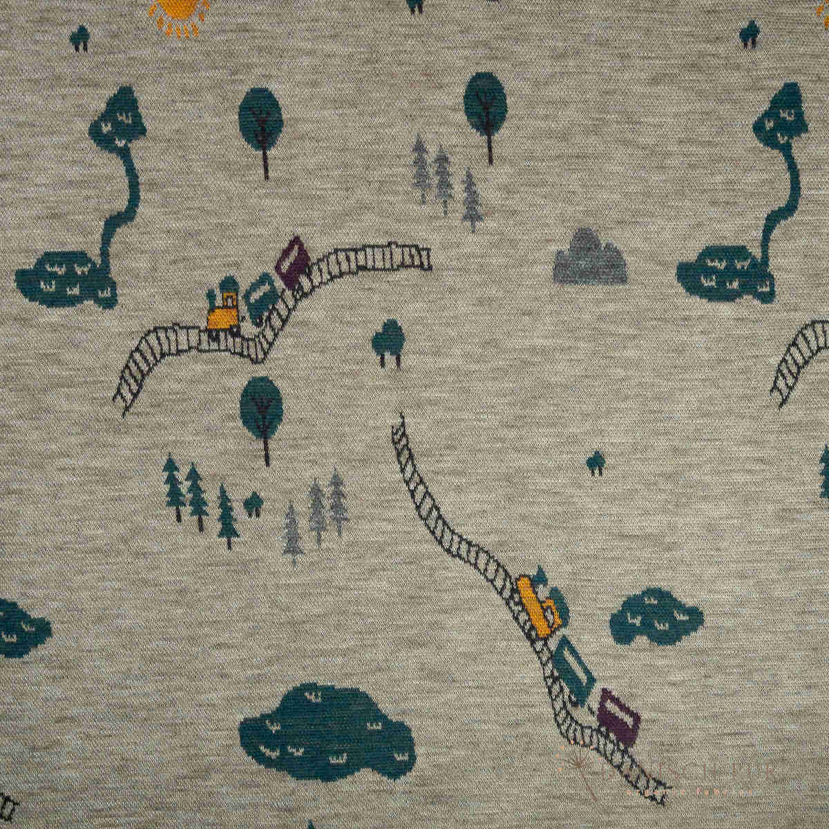 Panel ca. 95 cm Jacquard Lokomotive Dampflok Zug  -auf Panel Taupe meliert Panel (Merino, kbt, mulesingfrei)