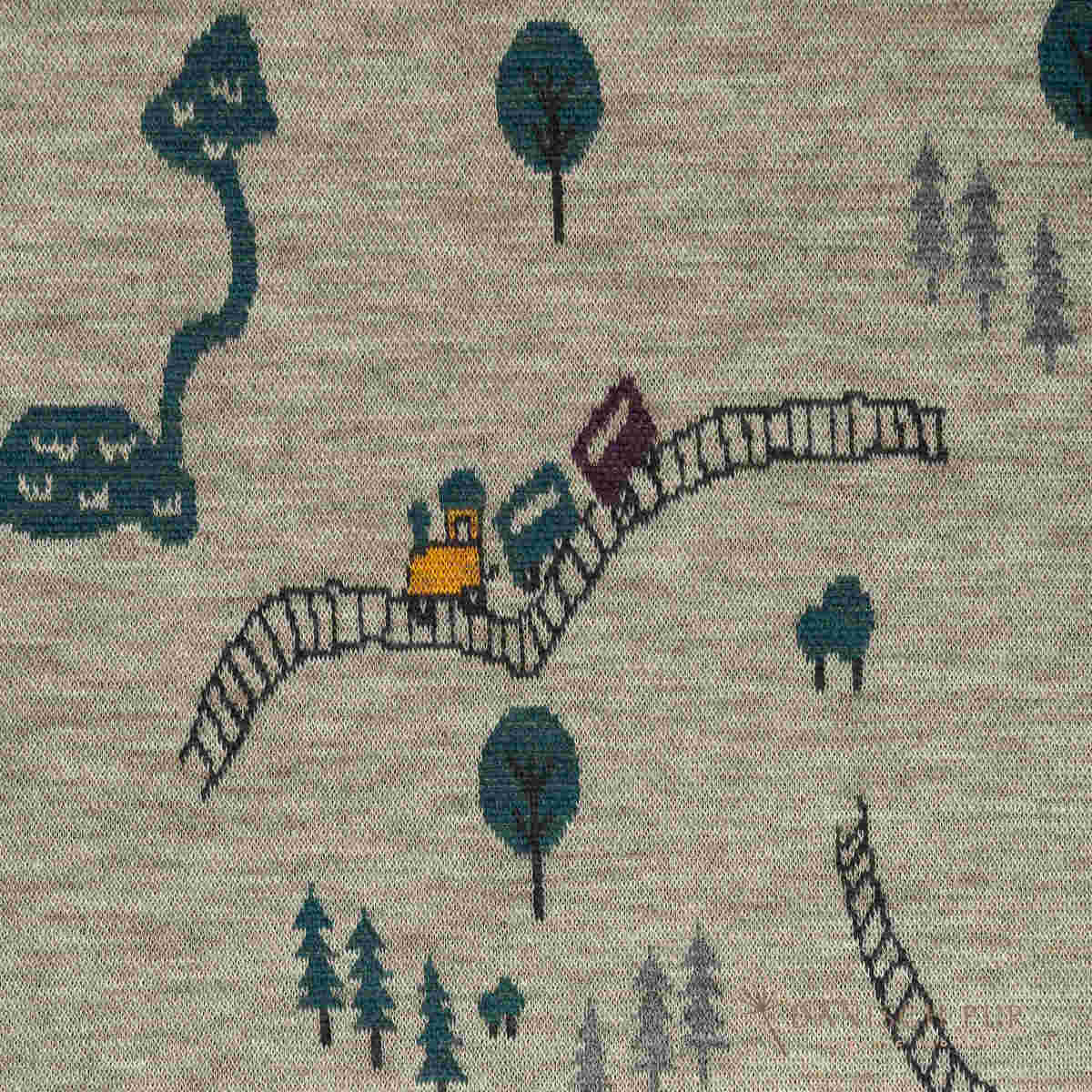 Panel ca. 95 cm Jacquard Lokomotive Dampflok Zug  -auf Panel Taupe meliert Panel (Merino, kbt, mulesingfrei)