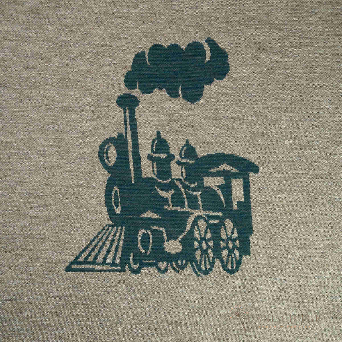 Panel ca. 95 cm Jacquard Lokomotive Dampflok Zug  -auf Panel Taupe meliert Panel (Merino, kbt, mulesingfrei)