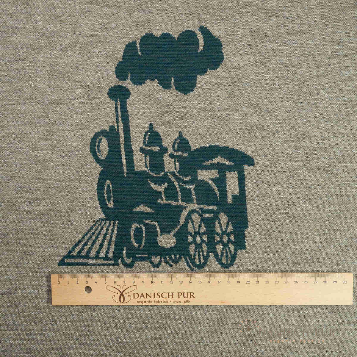 Panel ca. 95 cm Jacquard Lokomotive Dampflok Zug  -auf Panel Taupe meliert Panel (Merino, kbt, mulesingfrei)