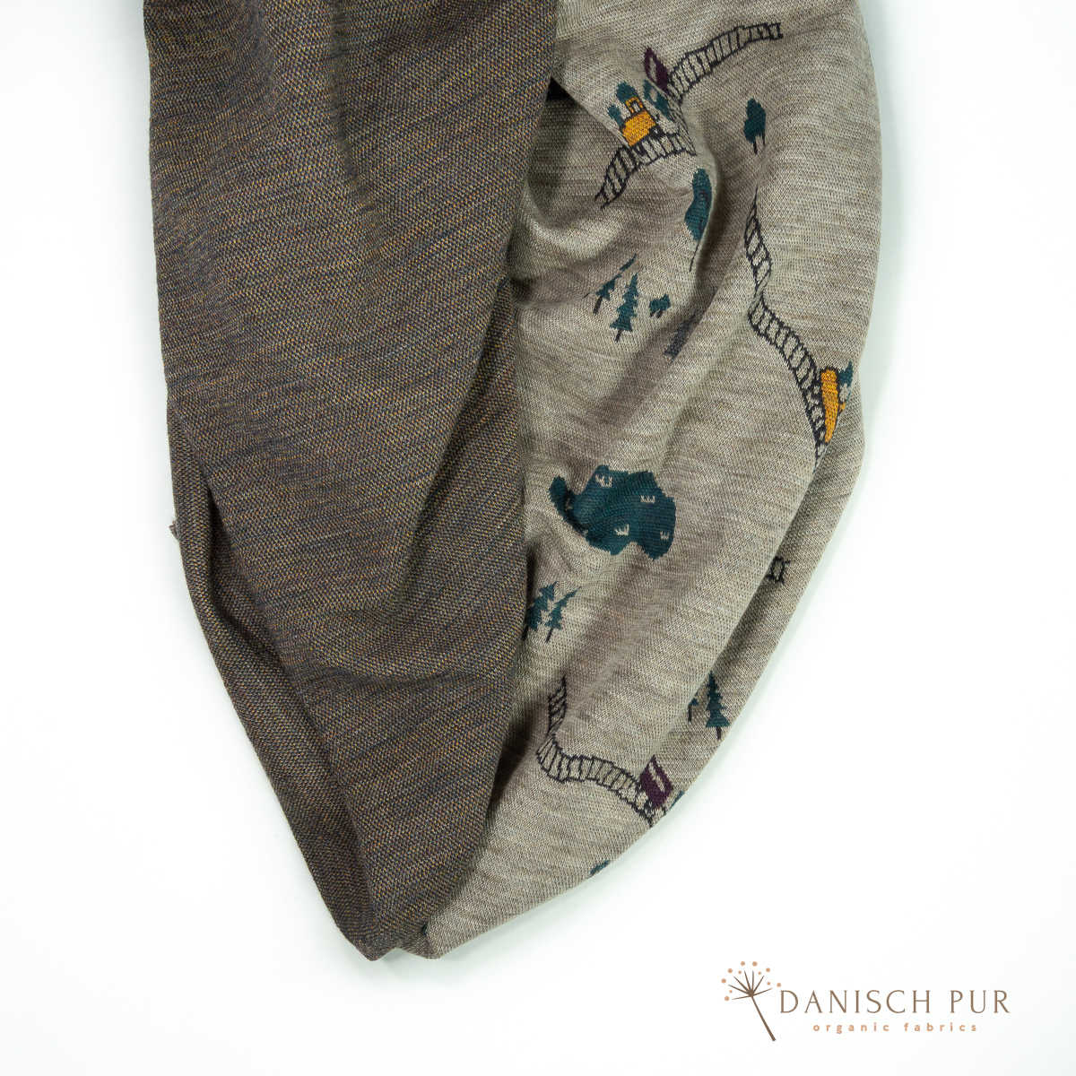 Panel ca. 95 cm Jacquard Lokomotive Dampflok Zug  -auf Panel Taupe meliert Panel (Merino, kbt, mulesingfrei)
