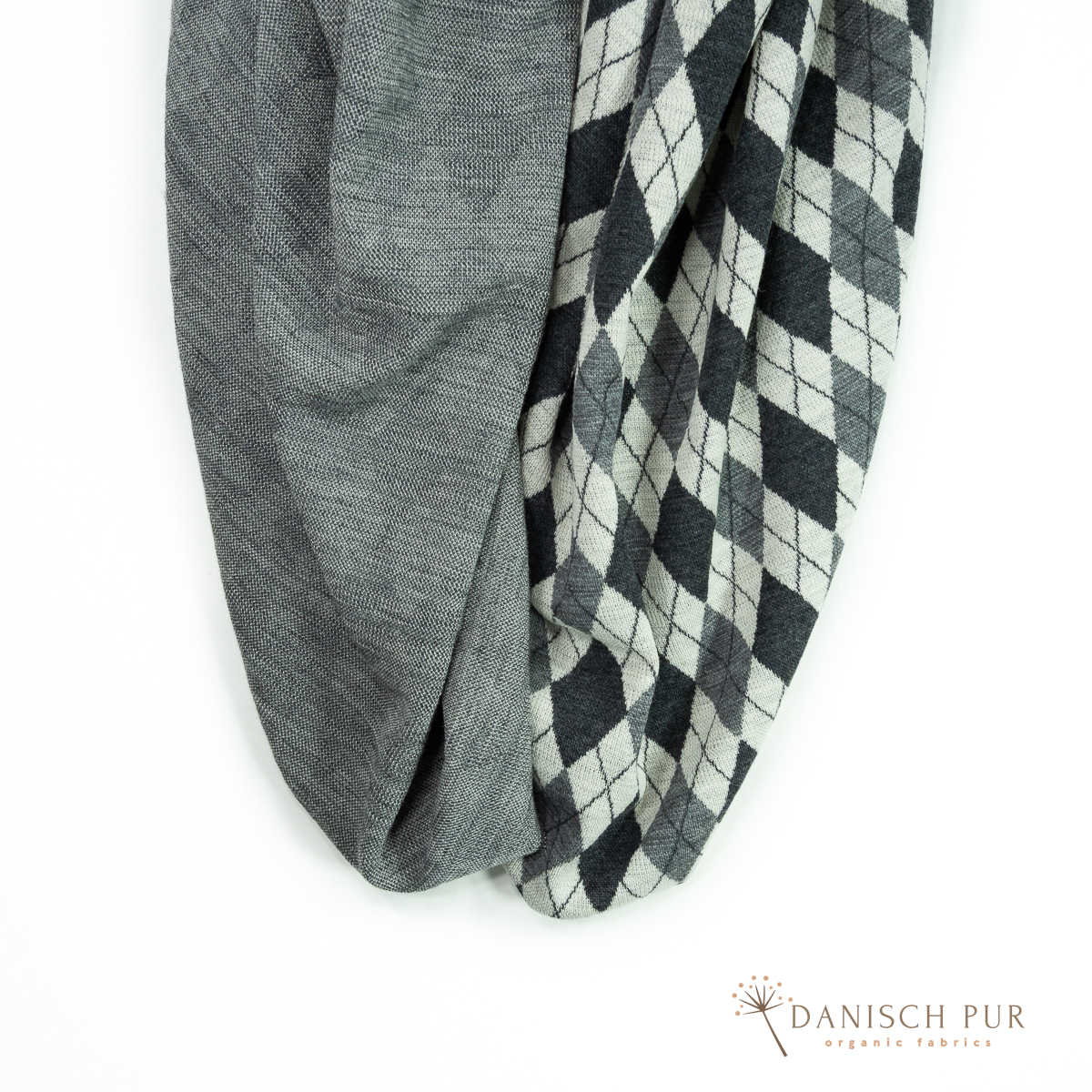 Bio Wolljersey Jacquard Rauten Anthrazit-Schiefer-Ecru meliert (100% Schurwolle, Merino, kbt, mulesingfrei)