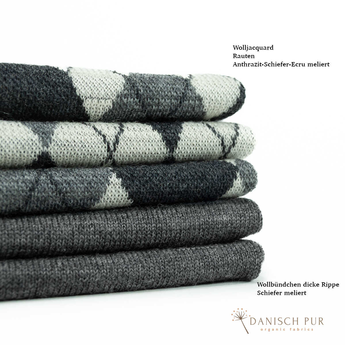 Bio Wolljersey Jacquard Rauten Anthrazit-Schiefer-Ecru meliert (100% Schurwolle, Merino, kbt, mulesingfrei)