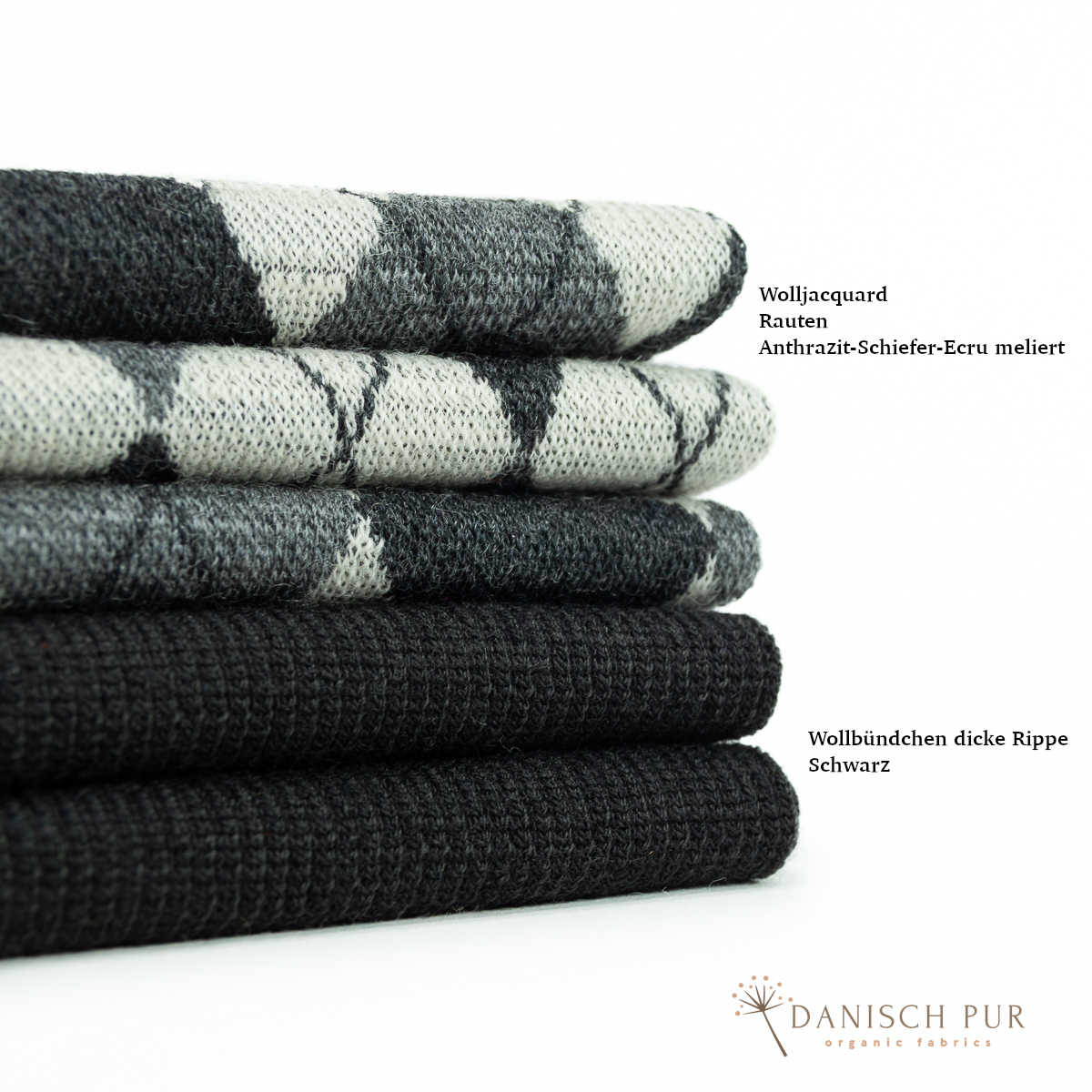 Bio Wolljersey Jacquard Rauten Anthrazit-Schiefer-Ecru meliert (100% Schurwolle, Merino, kbt, mulesingfrei)