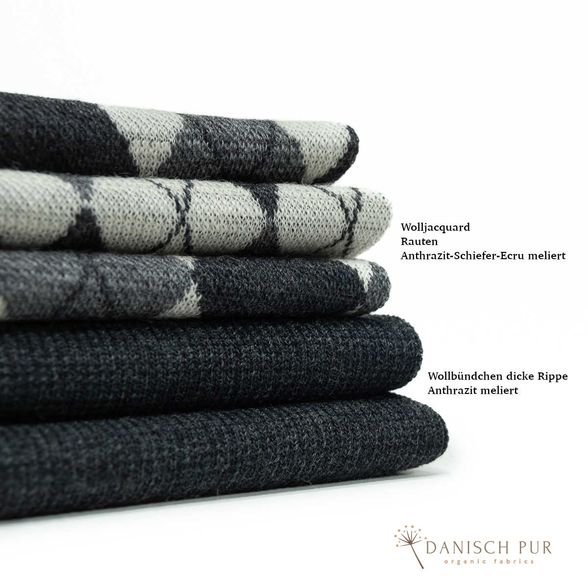 Bio Wolljersey Jacquard Rauten Anthrazit-Schiefer-Ecru meliert (100% Schurwolle, Merino, kbt, mulesingfrei)