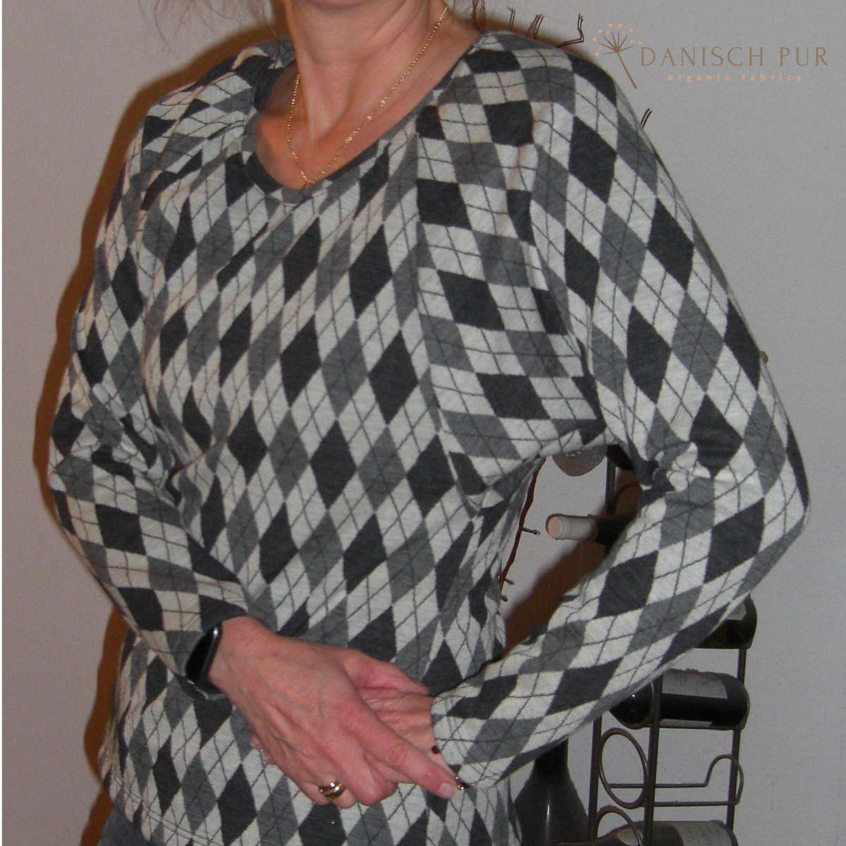 Bio Wolljersey Jacquard Rauten Anthrazit-Schiefer-Ecru meliert (100% Schurwolle, Merino, kbt, mulesingfrei)