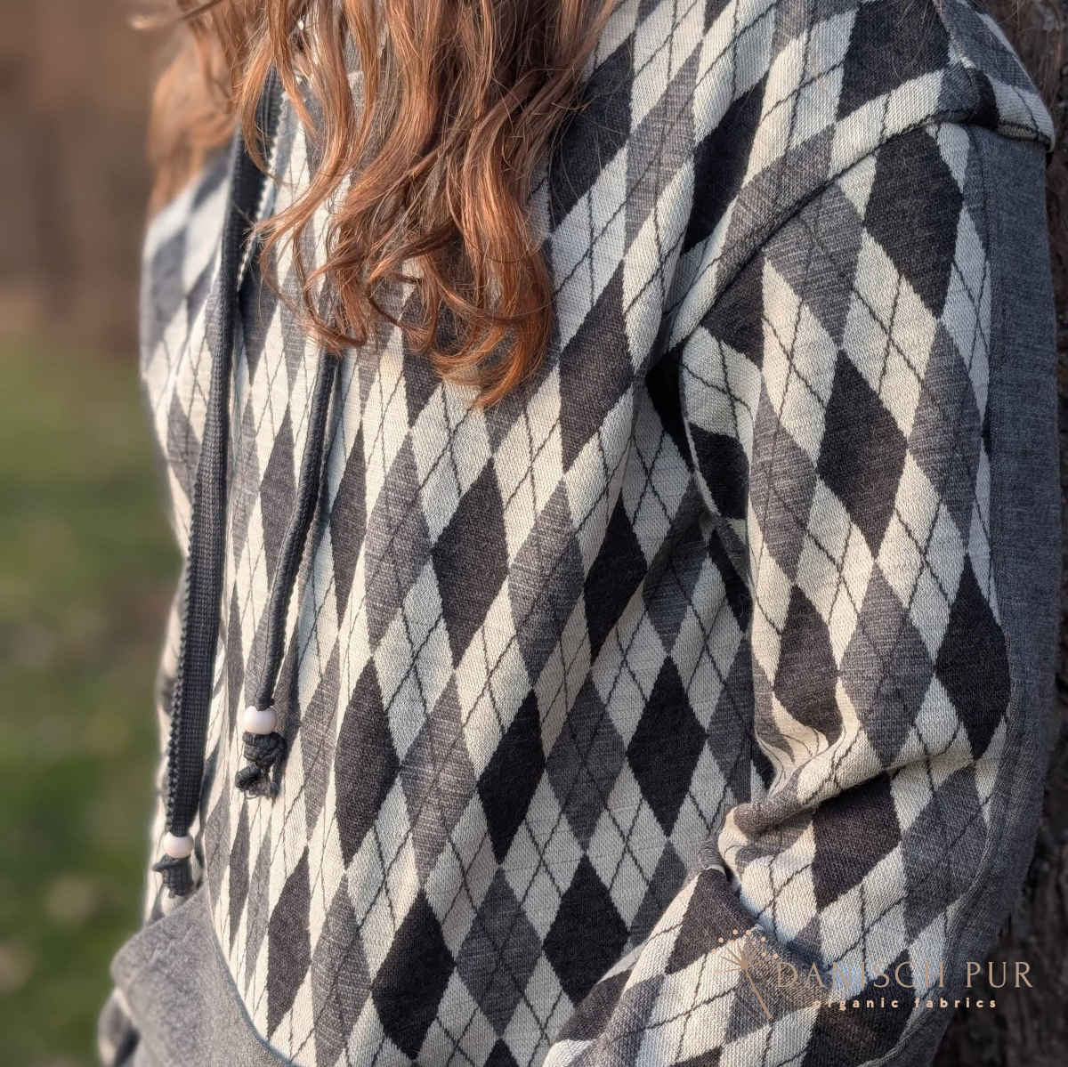 Bio Wolljersey Jacquard Rauten Anthrazit-Schiefer-Ecru meliert (100% Schurwolle, Merino, kbt, mulesingfrei)