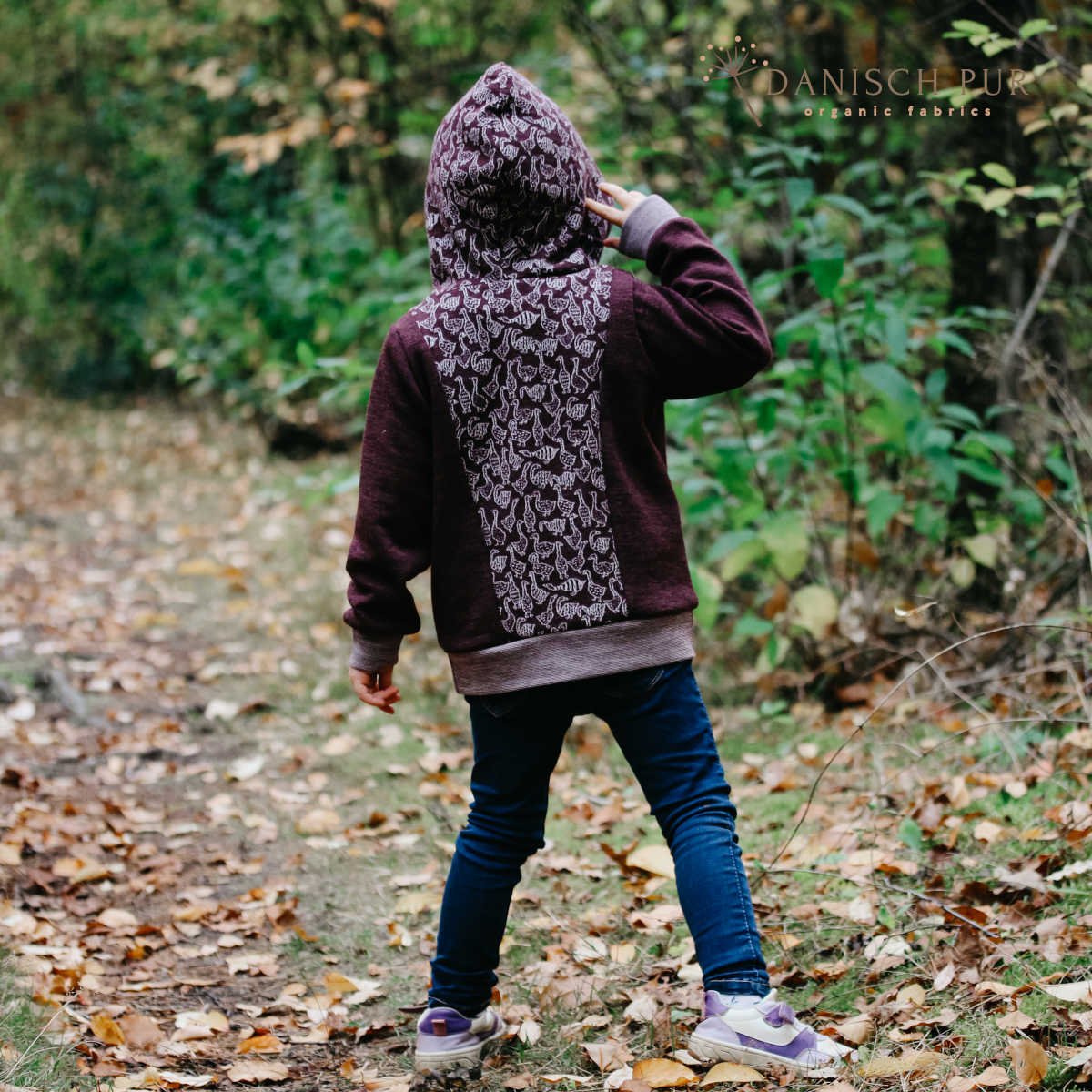 Bio Wolljersey Jacquard Gänse auf Schokokirsch meliert (Merino, kbt, mulesingfrei)