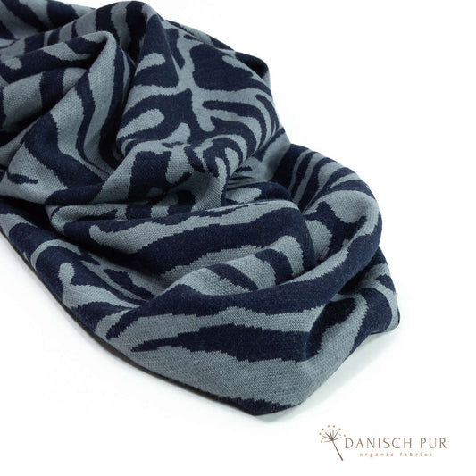 Bio Wolljersey Jacquard Zebra Kohlrabenblau-Nebelgrau meliert  (Merino, kbt, mulesingfrei)