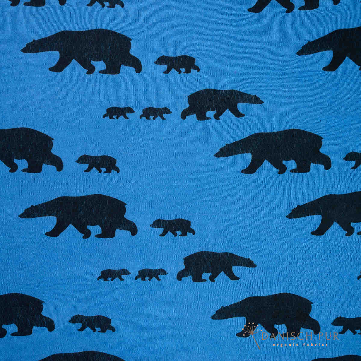 Bio Wolljersey Bären auf Wanderschaft auf Sommerblau (Merino, kbt, mulesingfrei)