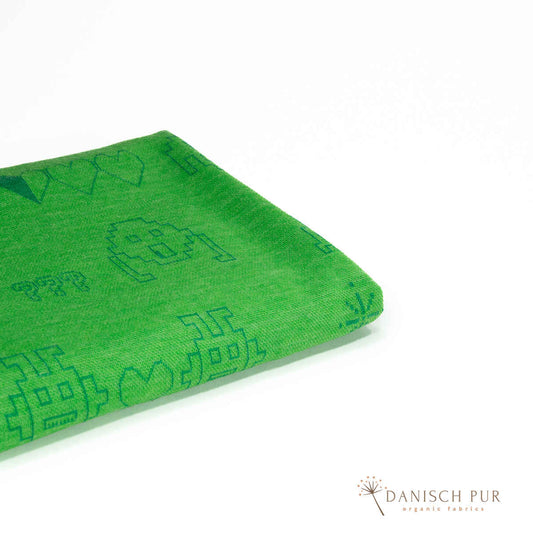 Coupon 90 cm Bio Wolljersey Jacquard Monster auf Zitronengrün (Merino, kbt, mulesingfrei)