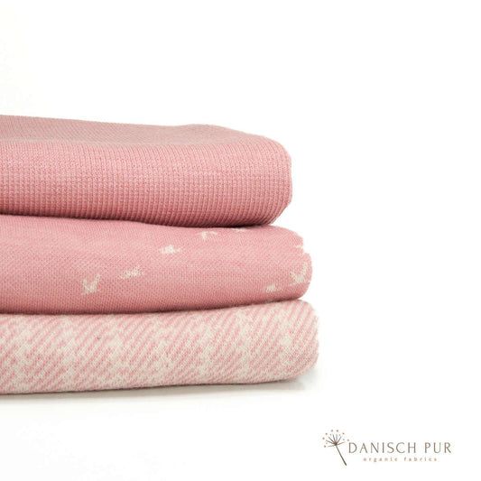 Coupon Paket 70 cm Bio Wolljersey Jacquard Kraniche auf Rosa, 30 cm Bio Wolle-Hanf rosa melierter Kuschel-Fischgrat, 50 cm Bio Wollbündchen rosa meliert Rippe im Schlauch