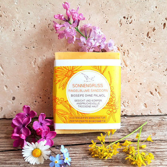 Sonnengruss - Bioseife mit Sanddornöl und Ringelblume (Bio-Duschseife) für anspruchsvolle und trockene Haut